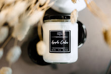 Load image into Gallery viewer, jar candle, black and white, soy wax, black lid, handmade soy wax candle, light my candle co., pumpkin spice, apple cider, fall decor
