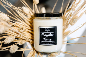 jar candle, black and white, soy wax, black lid, handmade soy wax candle, light my candle co., pumpkin spice, fall decor